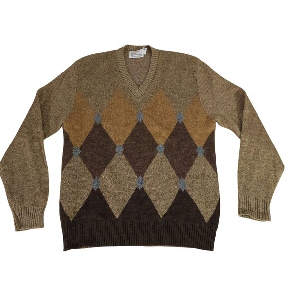 Brown Vintage Argyle V-Neck Sweater XL Tall By London Fog - Picture 1 of 7